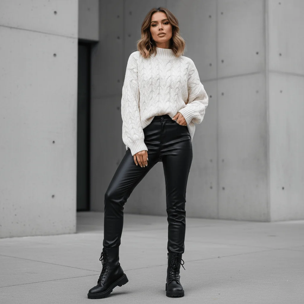 Faux leather pants paired with chunky knit sweater and combat boots for edgy winter outfit