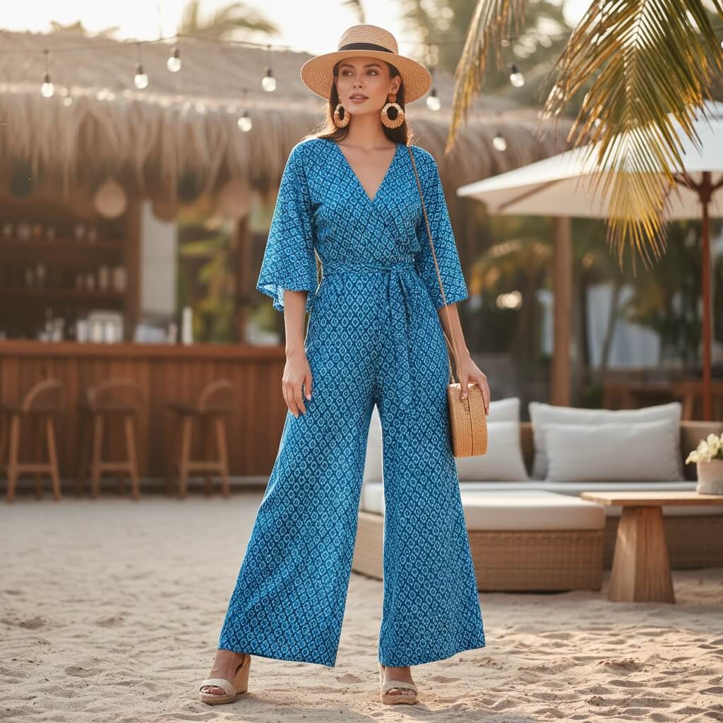 Wide-leg lightweight jumpsuit beach party outfit with wedge sandals and statement accessories