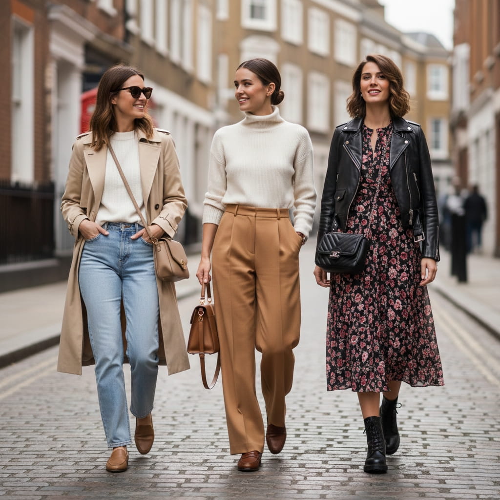 Three women wearing different trendy London outfits showing diverse street style inspiration 2026