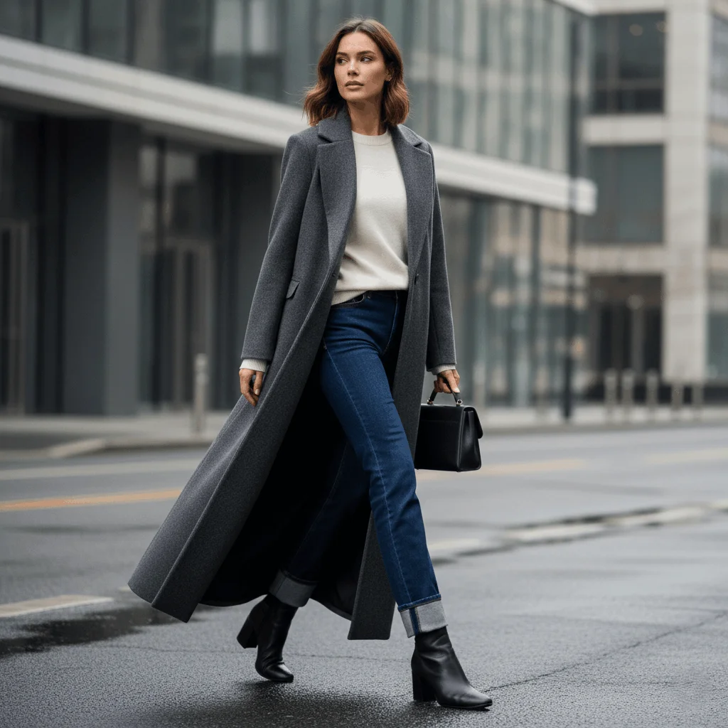 Long wool coat styled as statement piece for elegant winter outfit