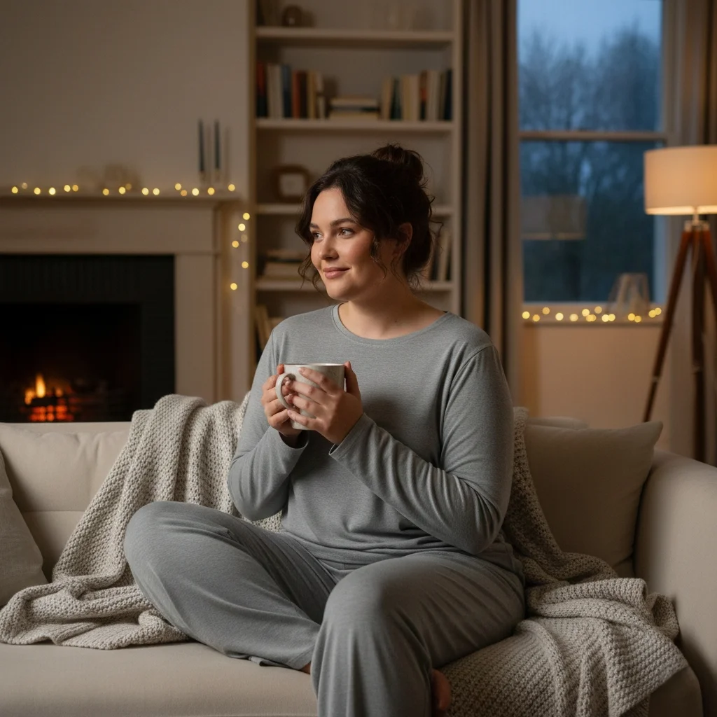 Plus-size woman relaxing at home in a soft grey luxury loungewear matching set, showcasing stylish plus size co-ord sets for lounge and homewear