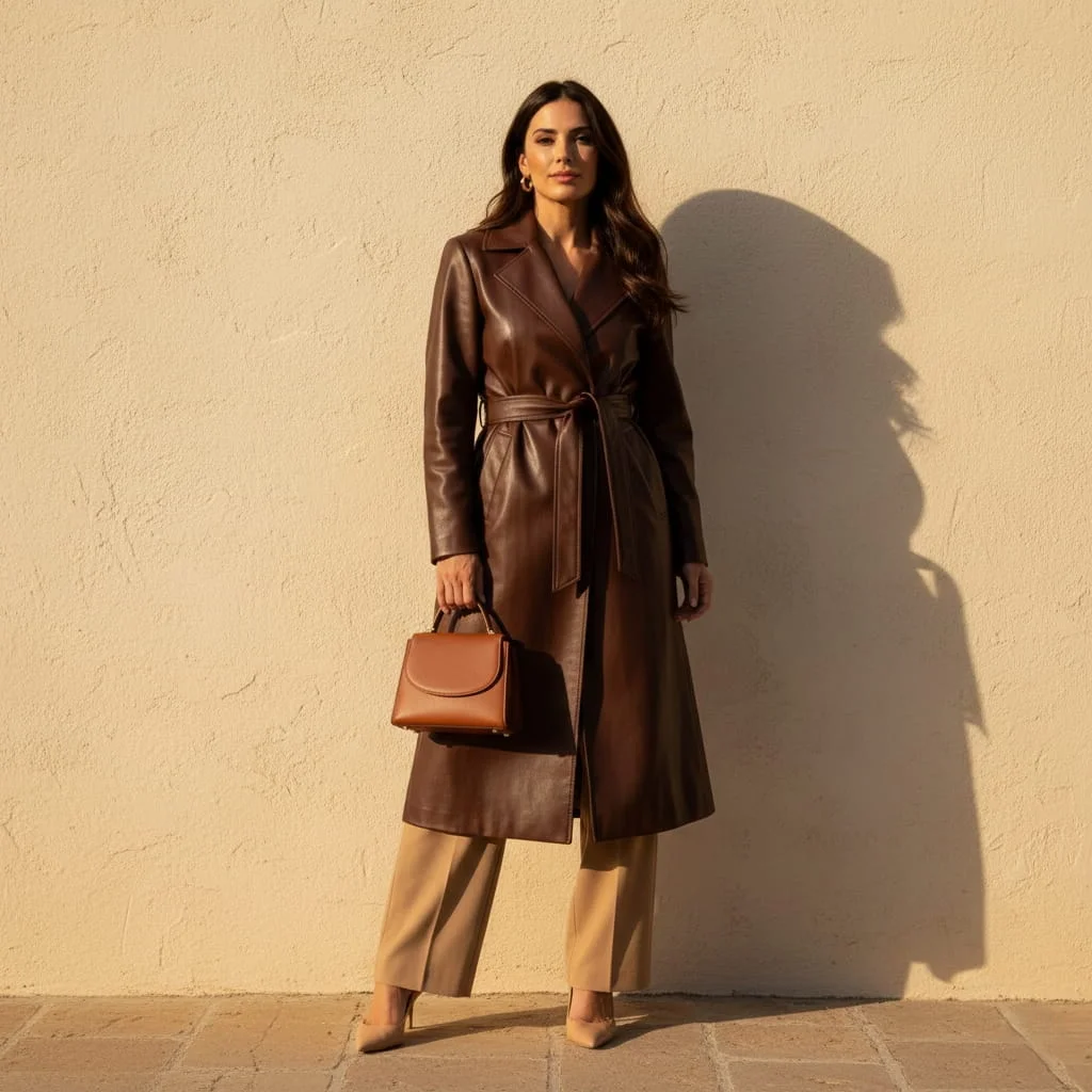 Woman in Mango faux-leather coat and wide-leg trousers — affordable high-street brand that looks like designer fashion