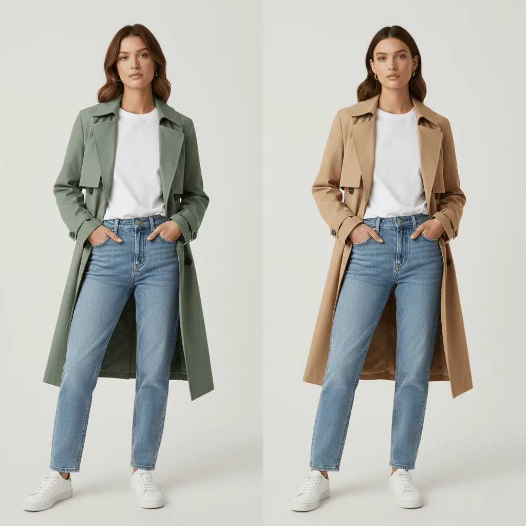 Modern twist on classic outfits - trendy sage green trench coat versus traditional beige styling