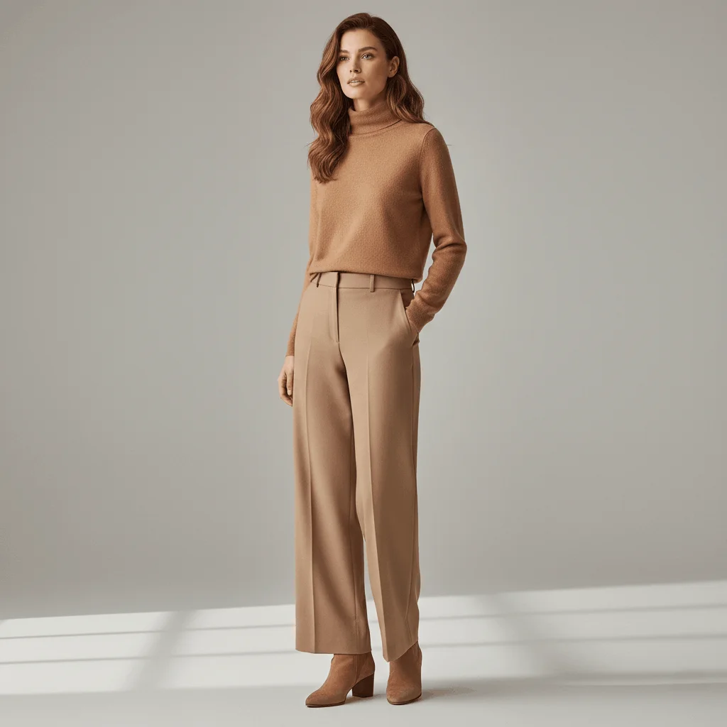 Monochrome camel winter outfit with turtleneck sweater and wide leg pants