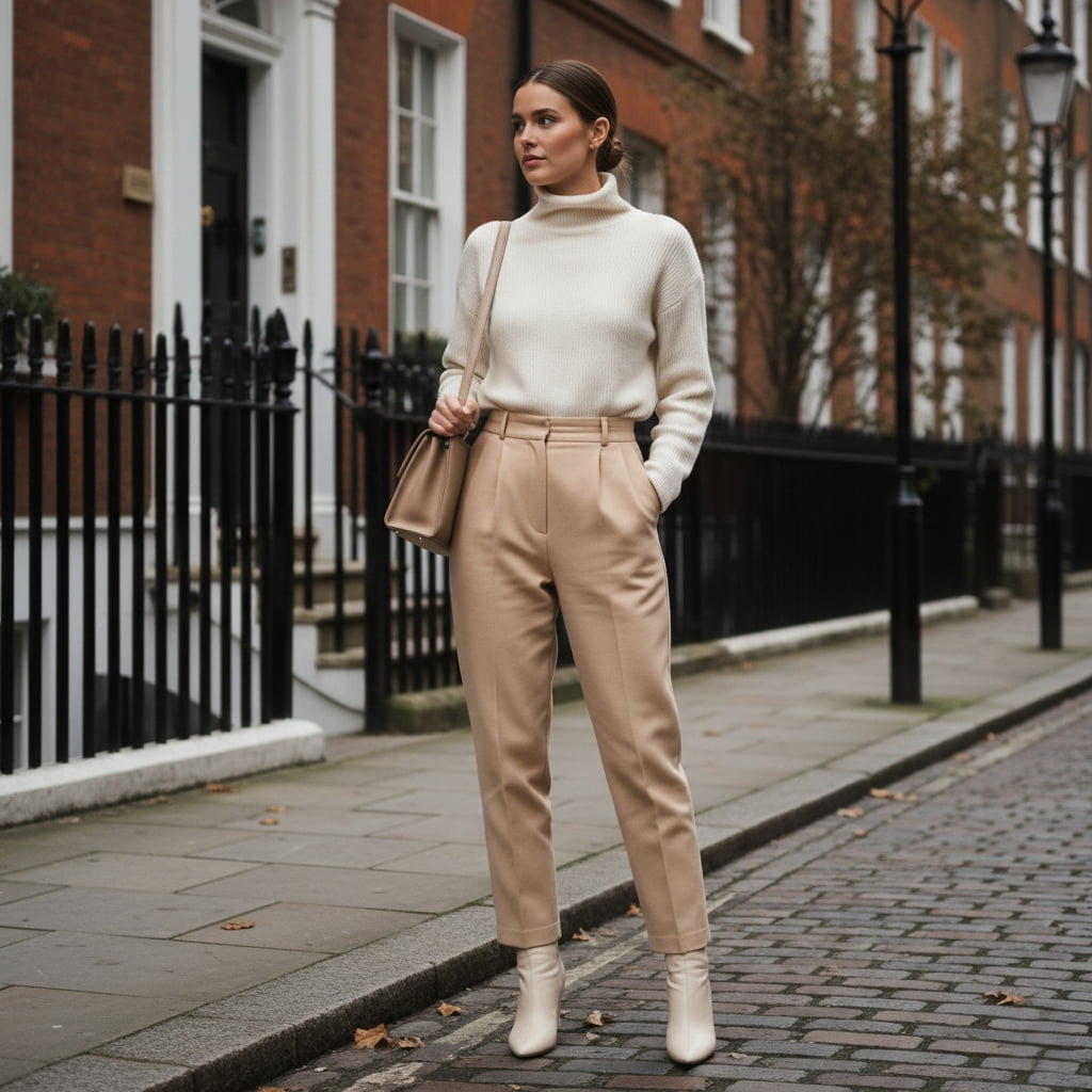 All-cream monochrome outfit with different textures - sophisticated London style trend