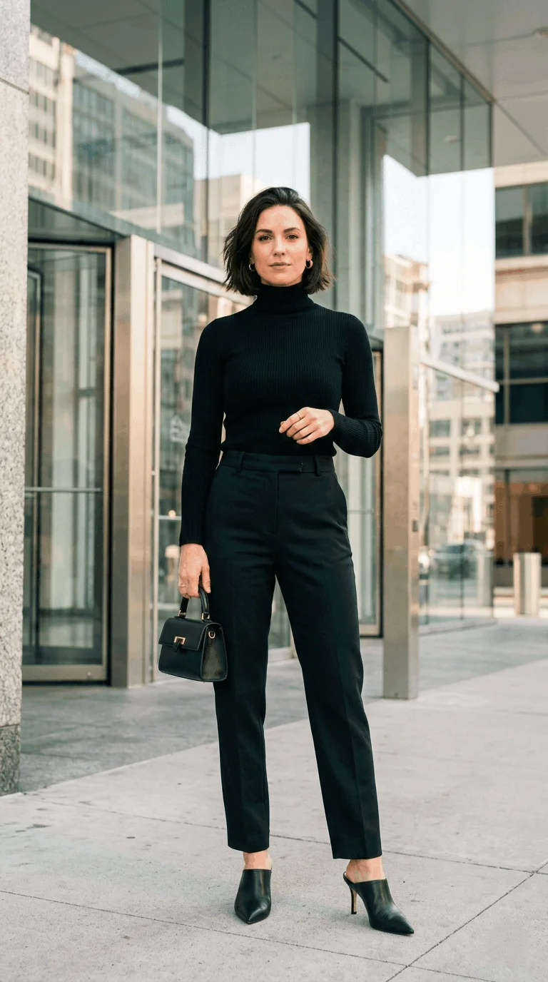 Monochrome all-black outfit for busy women — effortless day to night styling tip for professional women