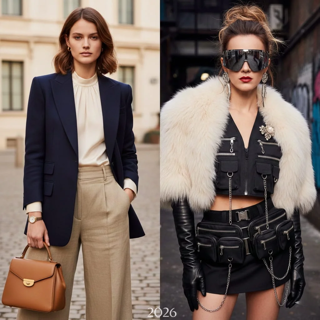 Split image contrasting 2026 Old Money fashion (structured blazer, gold hoops, classic bag) with Sciura Style (faux fur stole, shield sunglasses, bold brooch, long gloves).