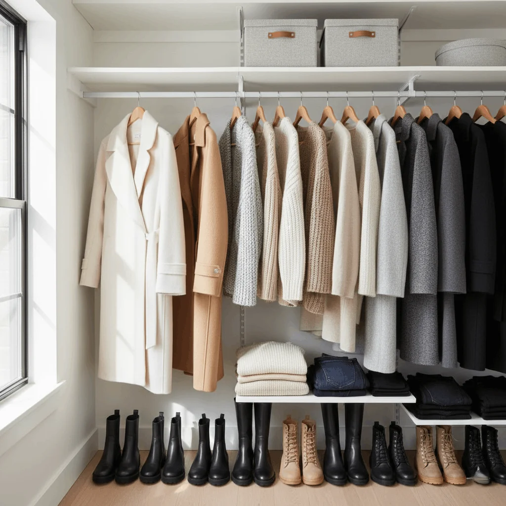 Organized plus size winter capsule wardrobe closet with neutral-toned coats, sweaters, and essentials arranged by color