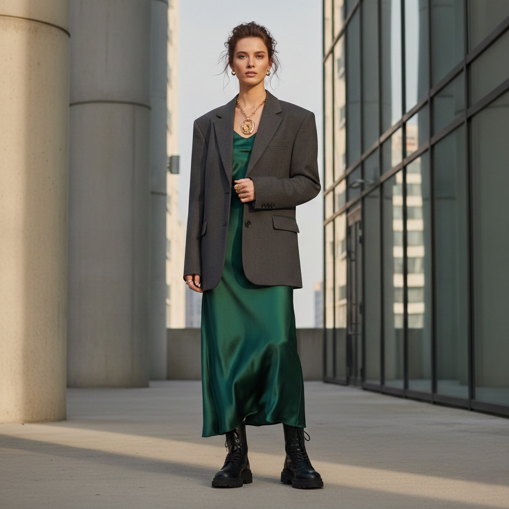 Woman wearing trendy oversized blazer with slip dress and boots - London fashion trend 2026