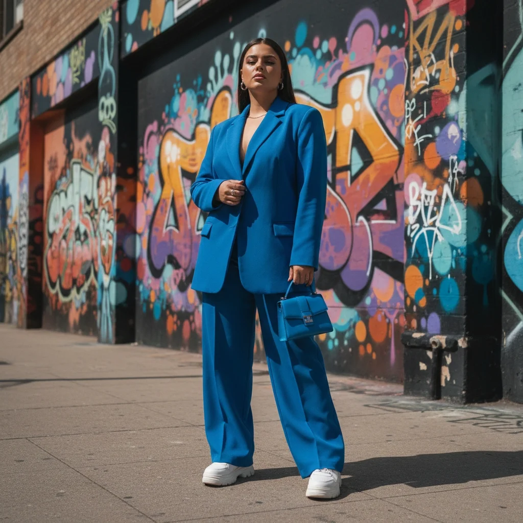 Plus-size woman in an oversized cobalt blue blazer and wide-leg trouser co-ord set, a bold street-style plus size co-ord outfit for curvy women