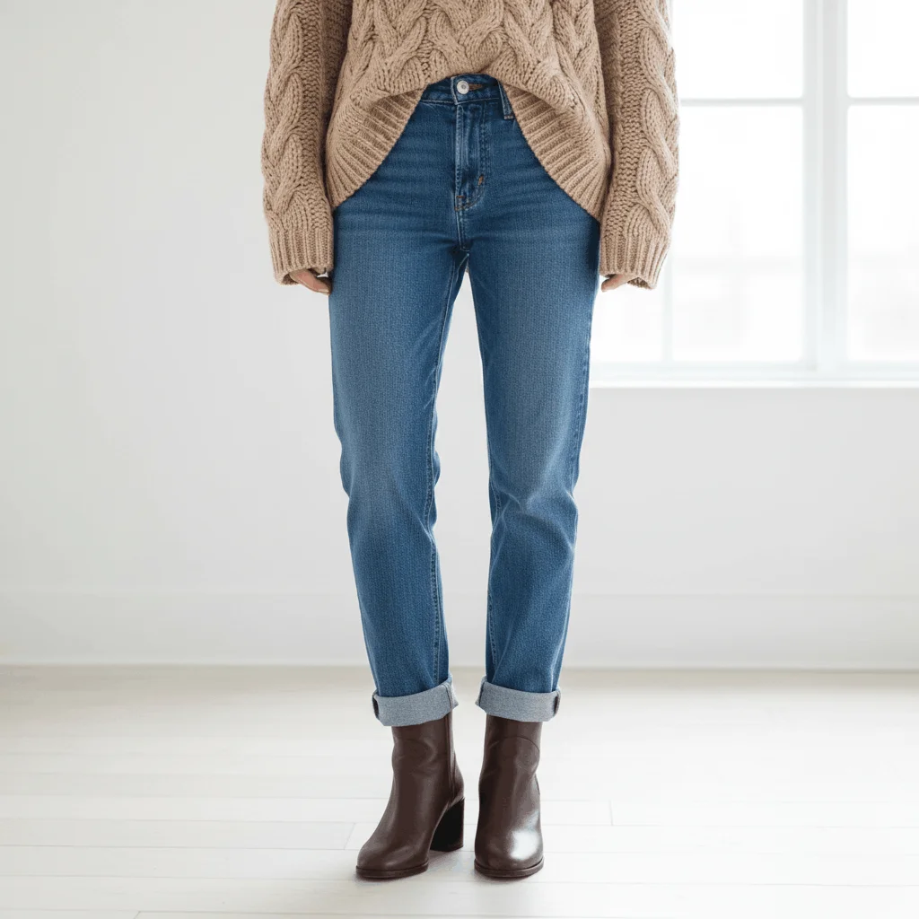 Cozy oversized sweater paired with straight leg jeans and ankle boots for winter
