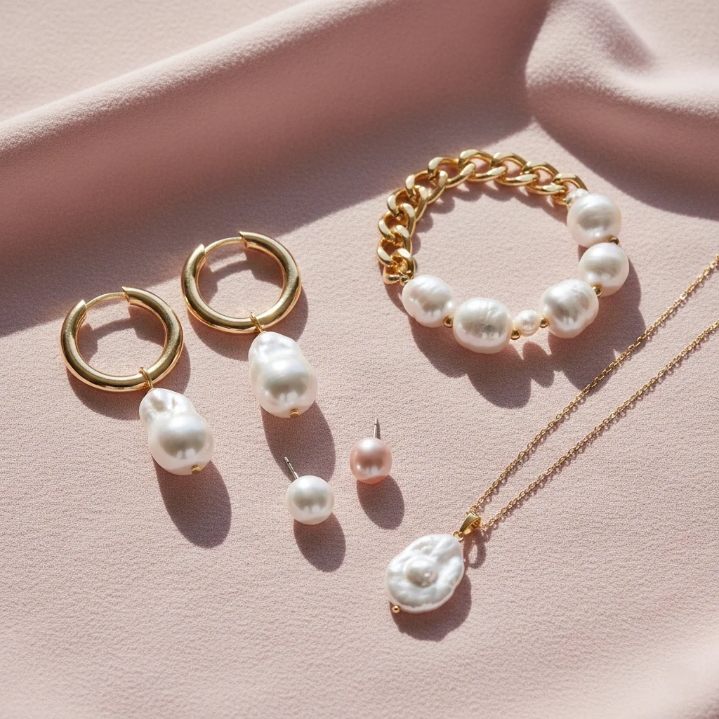 Pearl jewelry trend 2026 — modern pearl hoop earrings, chunky pearl bracelet and baroque pearl necklace on blush pink background
