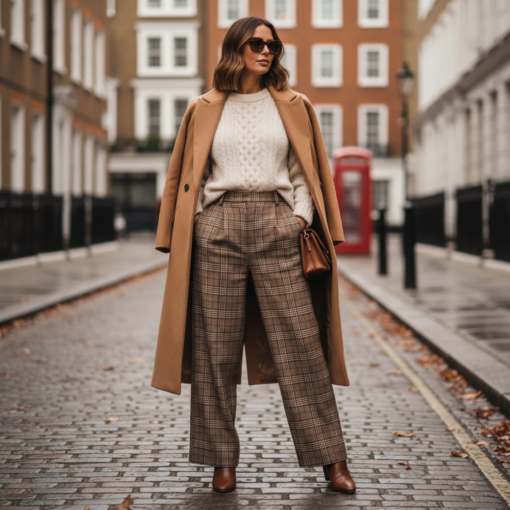 Brown plaid trousers styled with neutral sweater - modern London fashion trend