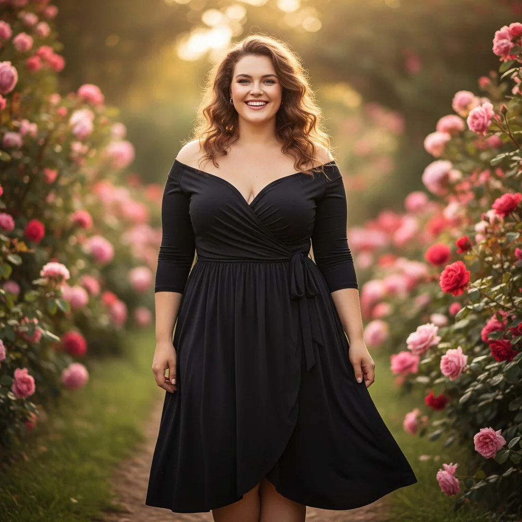 Plus size woman in flattering black wrap dress for Valentine's Day showing curvy outfit inspiration