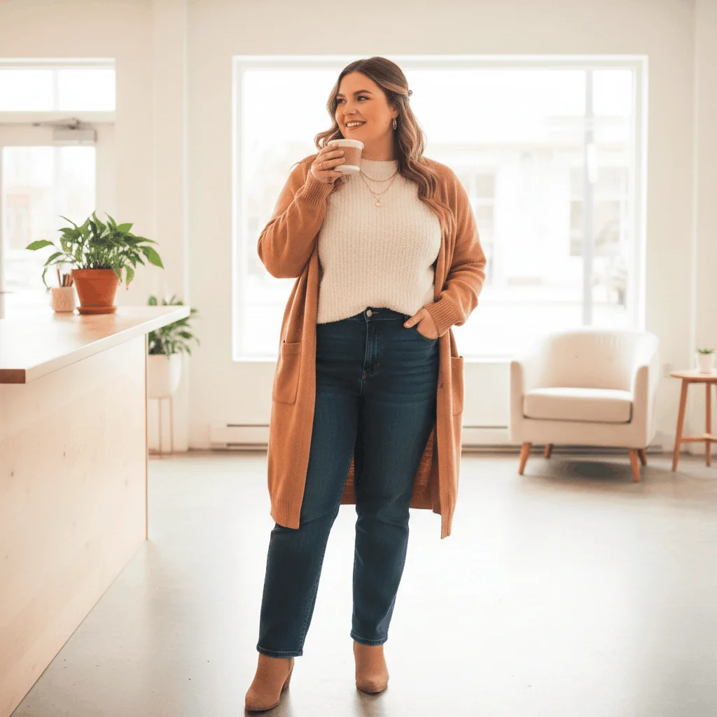 Plus size casual winter outfit featuring cream knit sweater, dark jeans, and camel cardigan for everyday wear