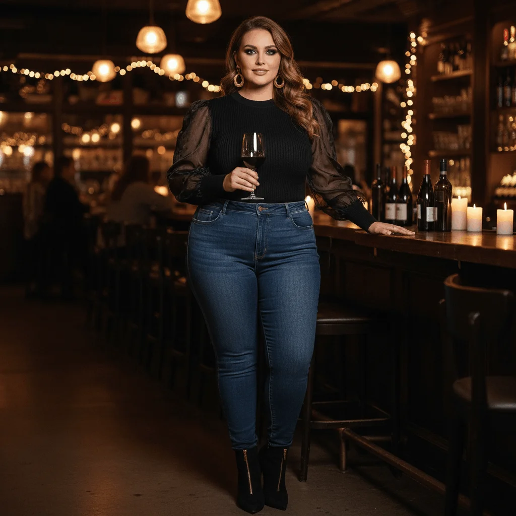 Plus size date night winter outfit with fitted black sweater, dark jeans, and heeled booties for evening style