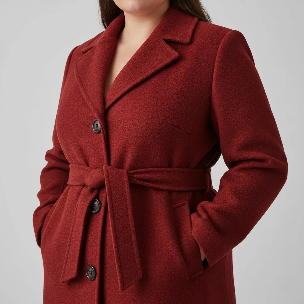 Chili red plus size winter coat with tailored details and belt - statement outerwear for curvy women