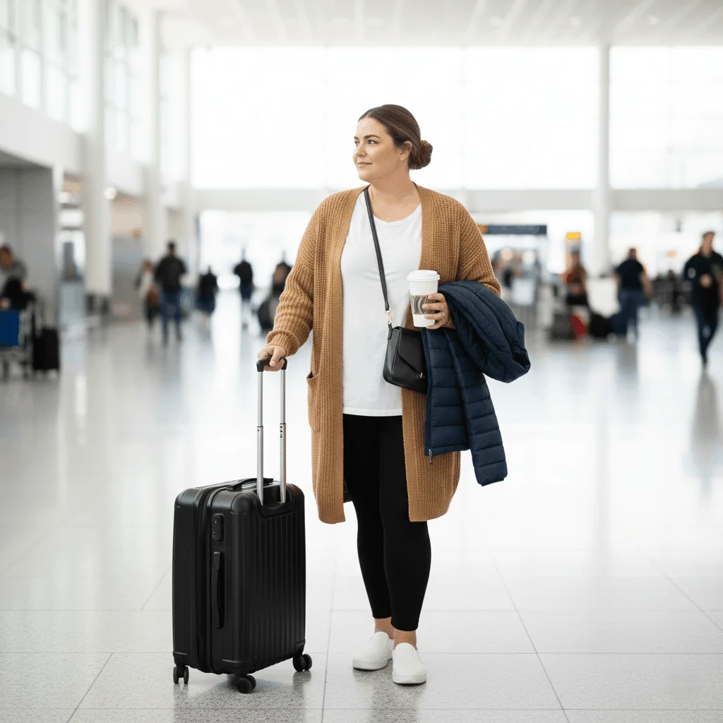 Plus size travel winter outfit with leggings, long cardigan, and layers for comfortable airport style