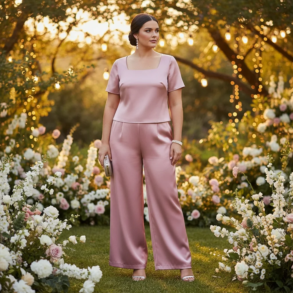Plus-size woman wearing a blush satin trouser and blouse co-ord set as a wedding guest, a chic plus size wedding guest co-ord for curvy women