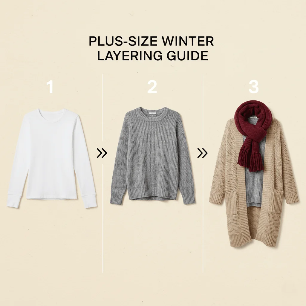 Plus size winter layering guide showing how to layer base layers, sweaters, and cardigans for curvy women
