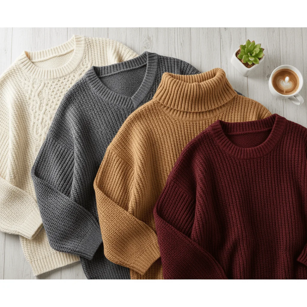 Collection of warm sweaters for plus size women including cable knit, v-neck, and turtleneck styles in neutral winter colors
