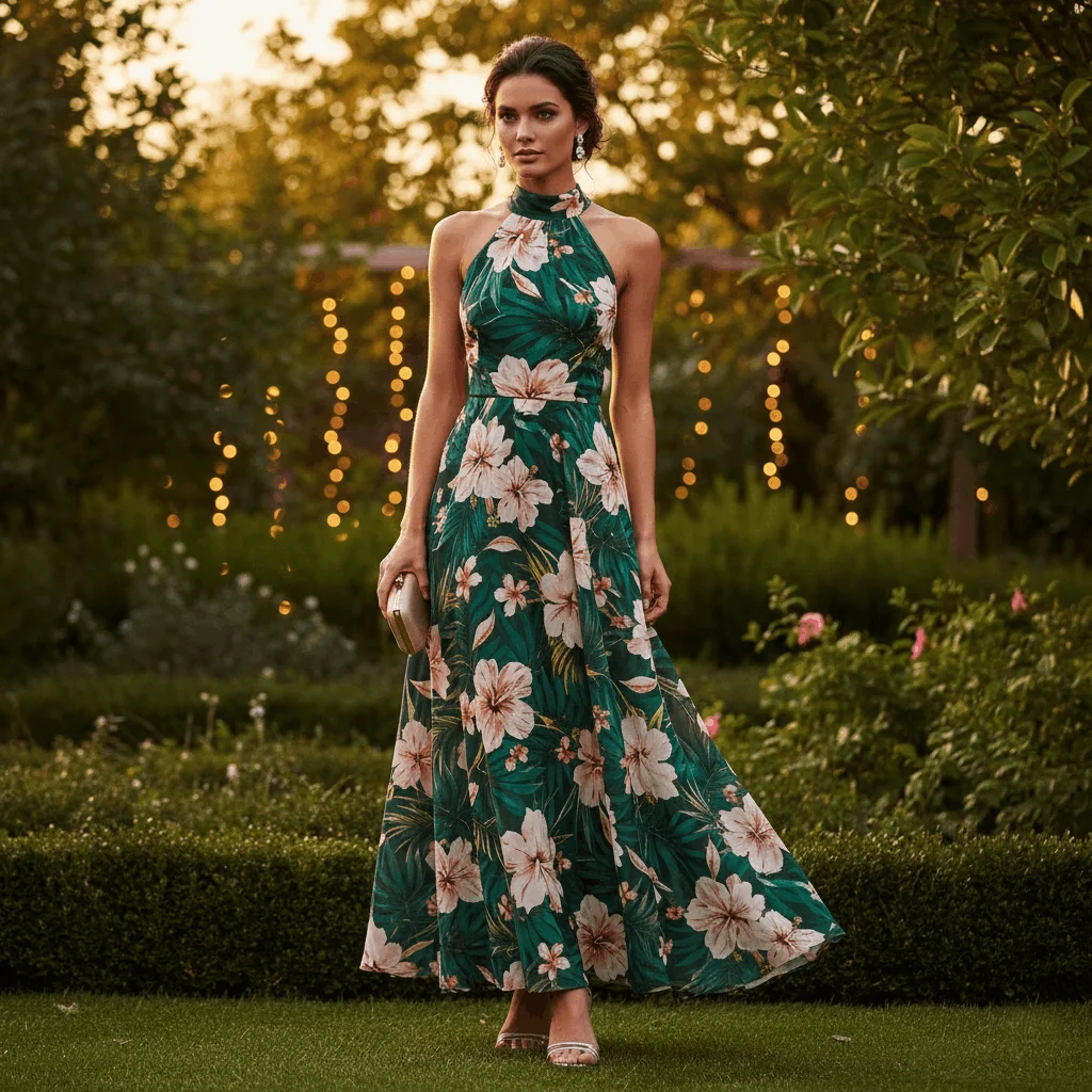 Woman in a bold printed halter neck maxi summer dress at an outdoor garden party in Australia