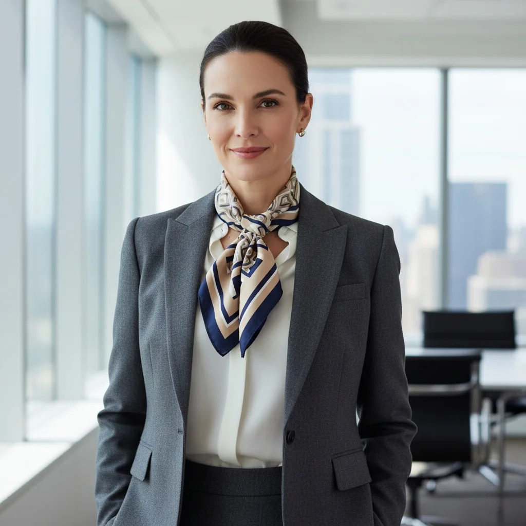 Professional office scarf styling with silk ascot and blazer