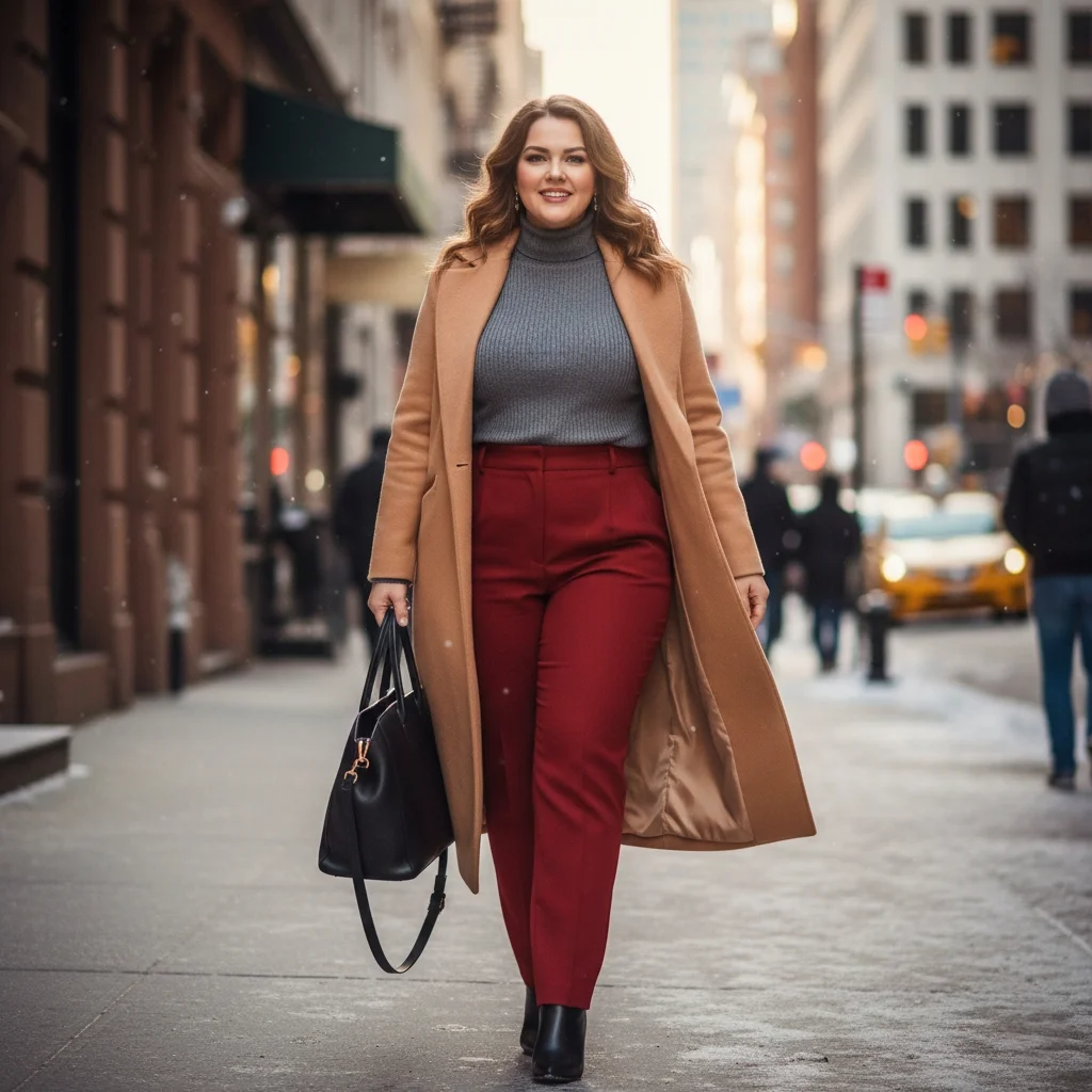 Plus size street style with chili red pants and neutral layers - curvy winter fashion trends USA and Canada