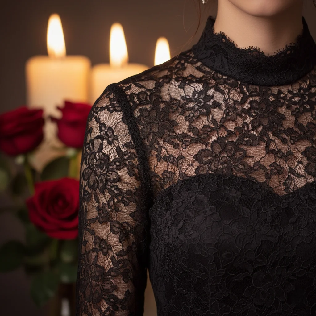 Romantic black lace dress detail showing feminine Valentine's Day outfit alternative to red