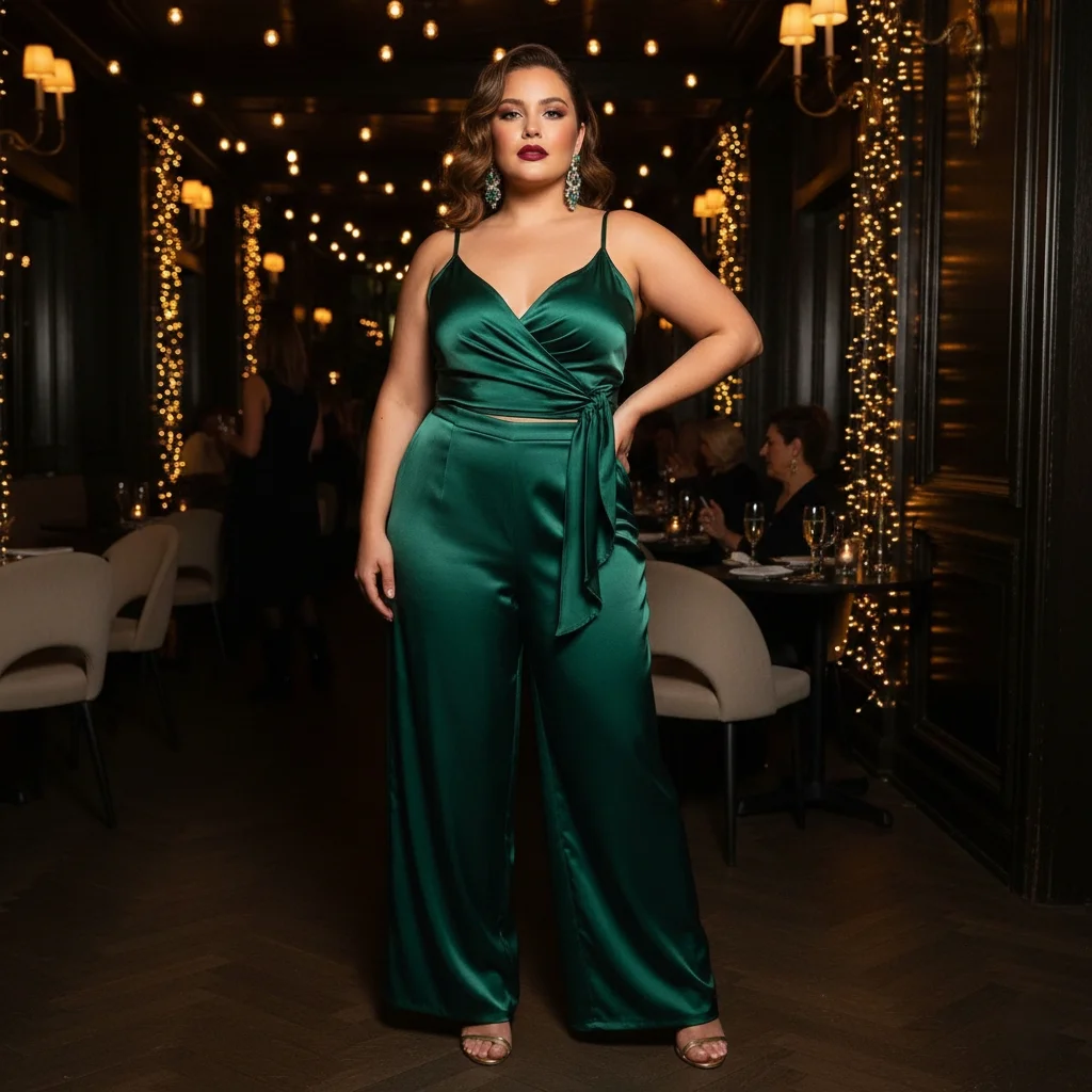 Plus-size woman in an emerald satin wide-leg trouser and camisole co-ord set for party wear, a stunning matching set for curvy women at evening events