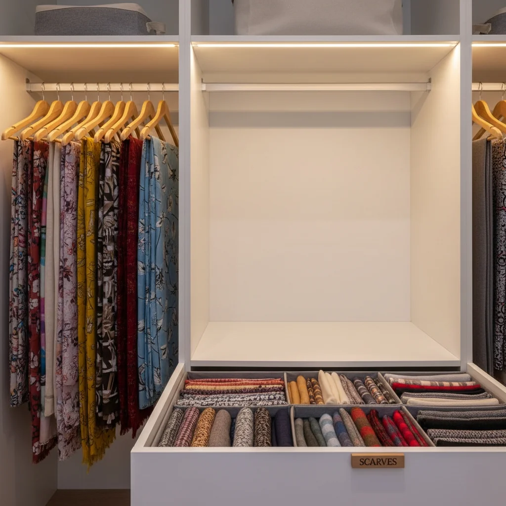 Organized scarf storage showing proper folding and hanging techniques