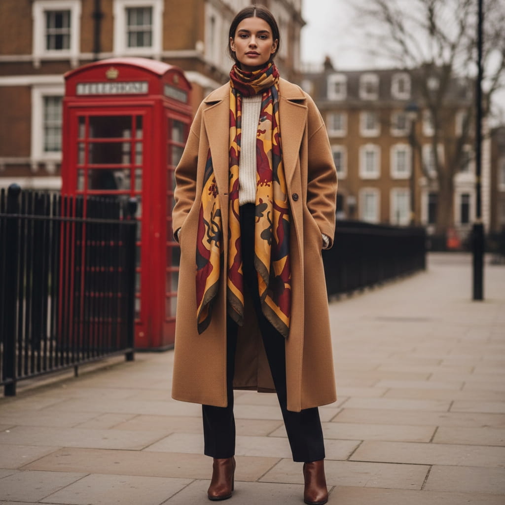 Colorful patterned scarf styled with neutral coat - London fashion accessory trend