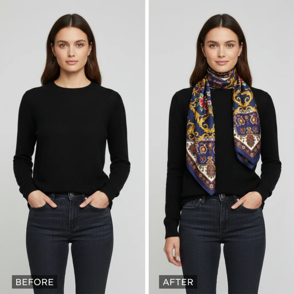 Before and after showing how a scarf transforms a basic outfit