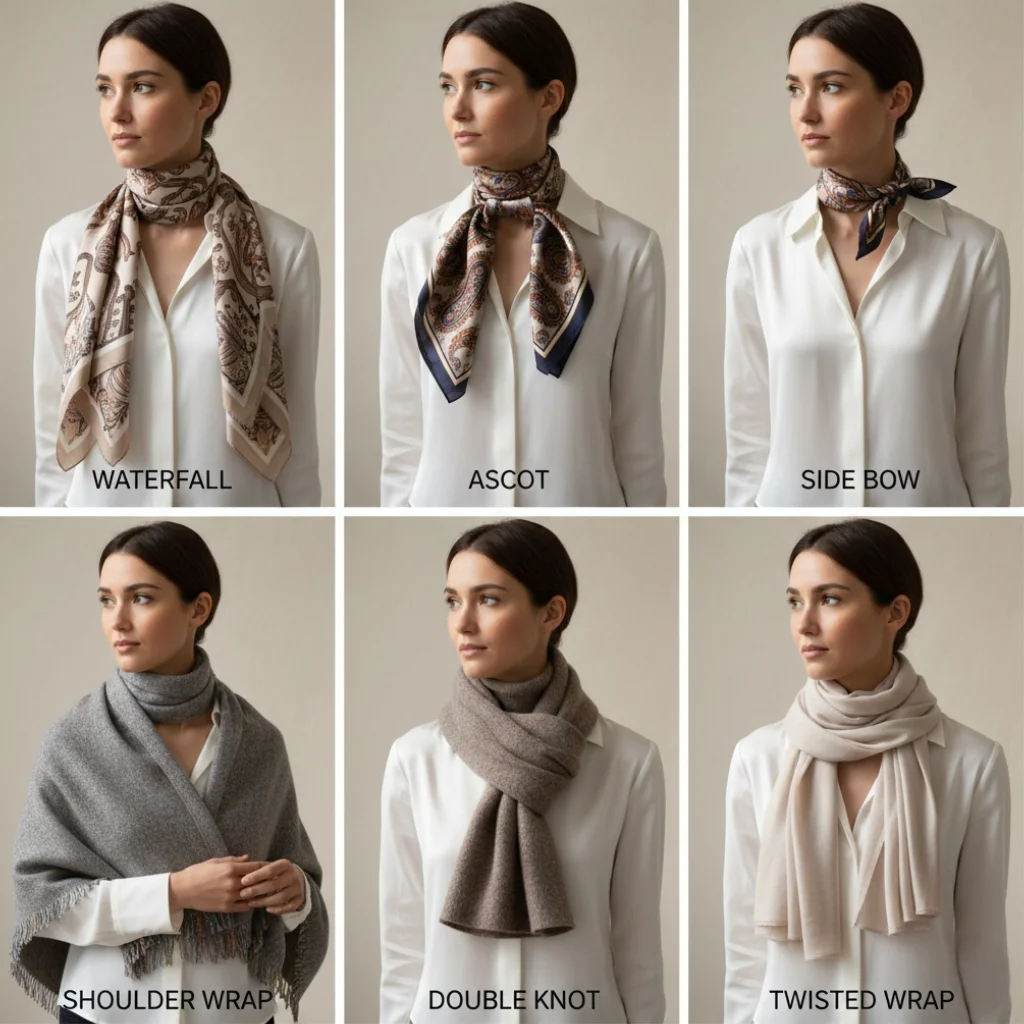 Collection of different scarf tying techniques showing waterfall, ascot, side bow and more styles
