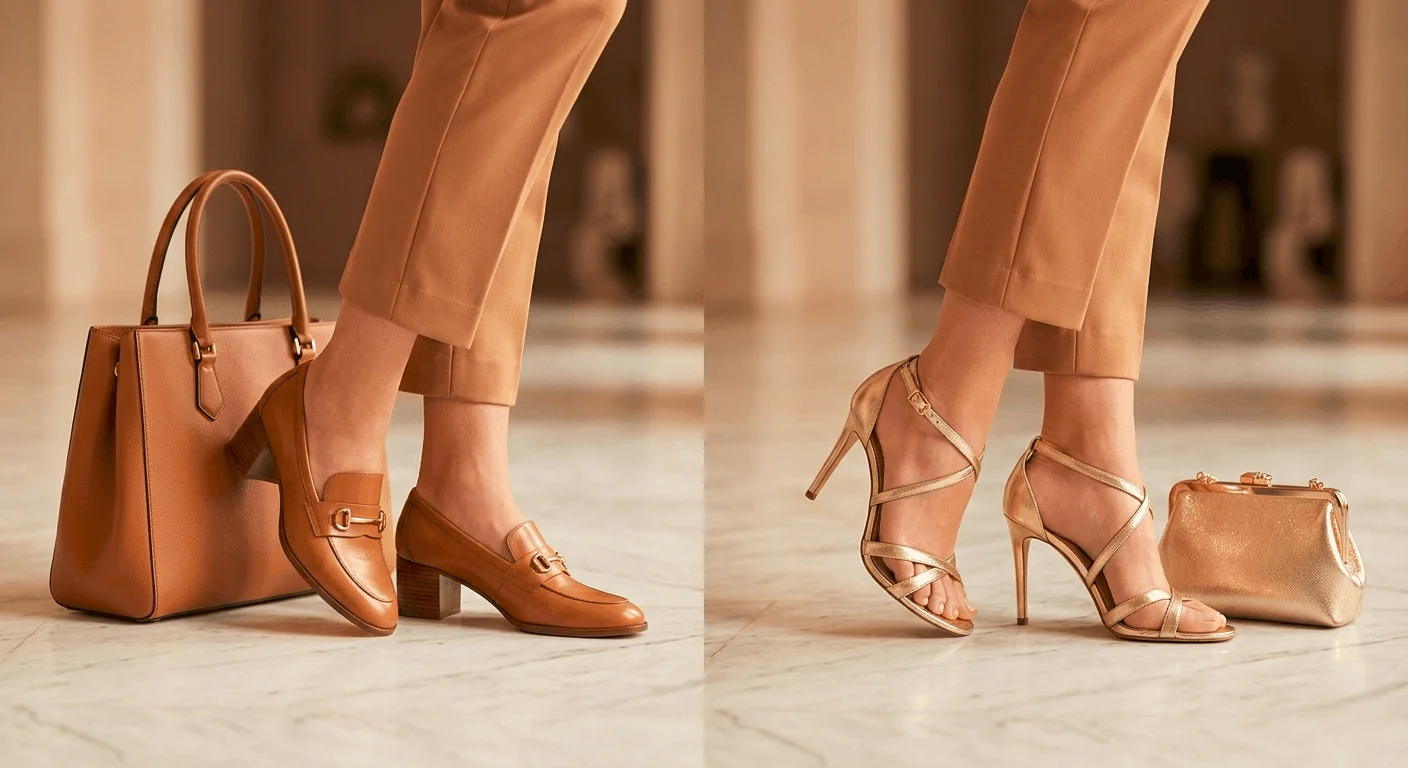 Shoe swap from office loafers to evening heels — quick day to night outfit transition tip for women