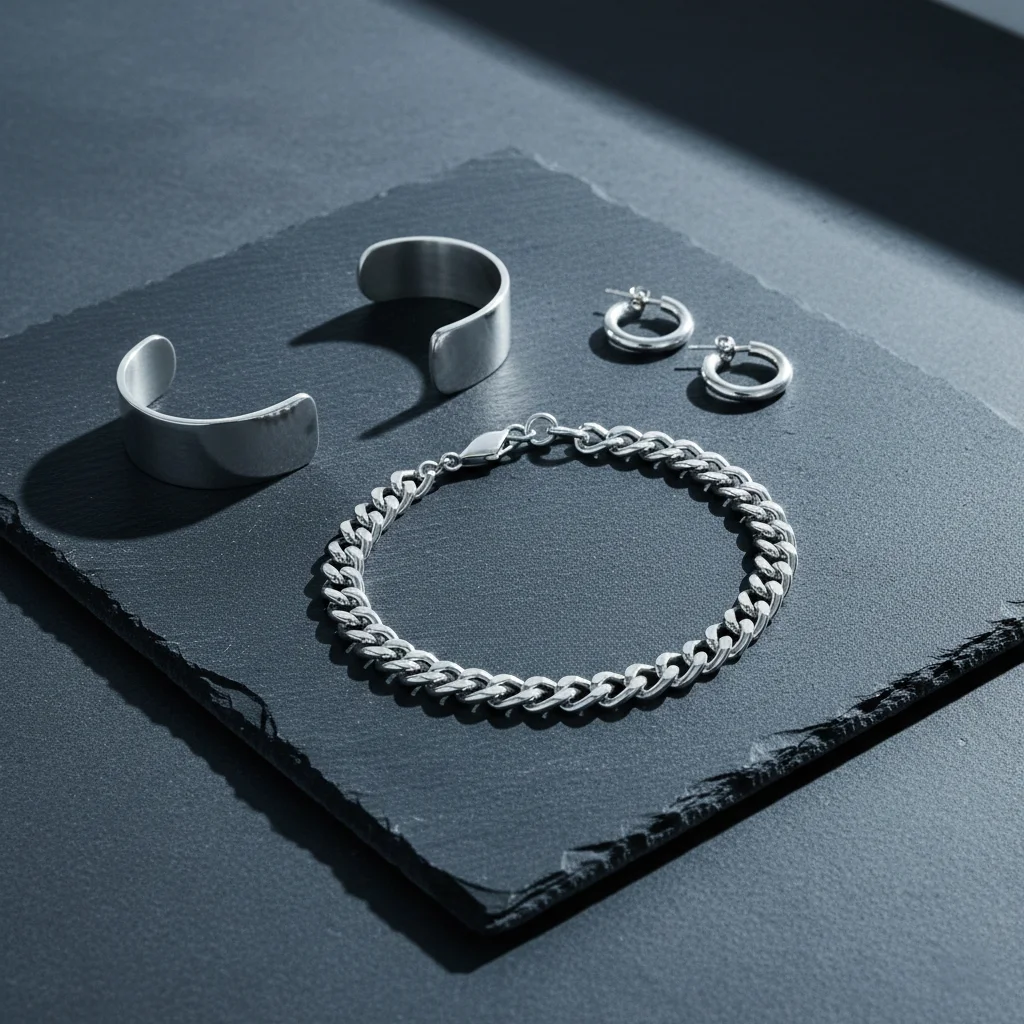 Silver jewelry comeback 2026 — flat lay of chunky silver chain necklace, cuff bracelet and signet ring on grey slate background