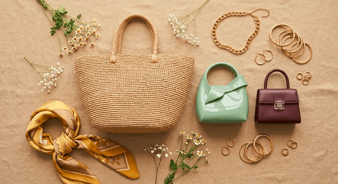 Spring 2026 handbag trends flat lay with raffia tote, jelly bag and micro bag — women's accessory trends spring 2026