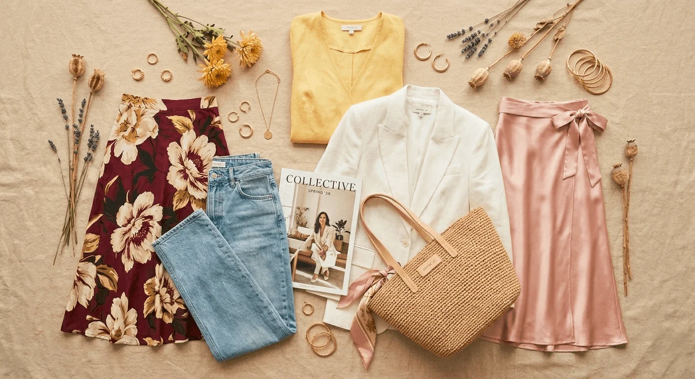 Spring 2026 women's fashion trends wardrobe flat lay including yellow dress, white suit, floral skirt, and maxi dress essentials