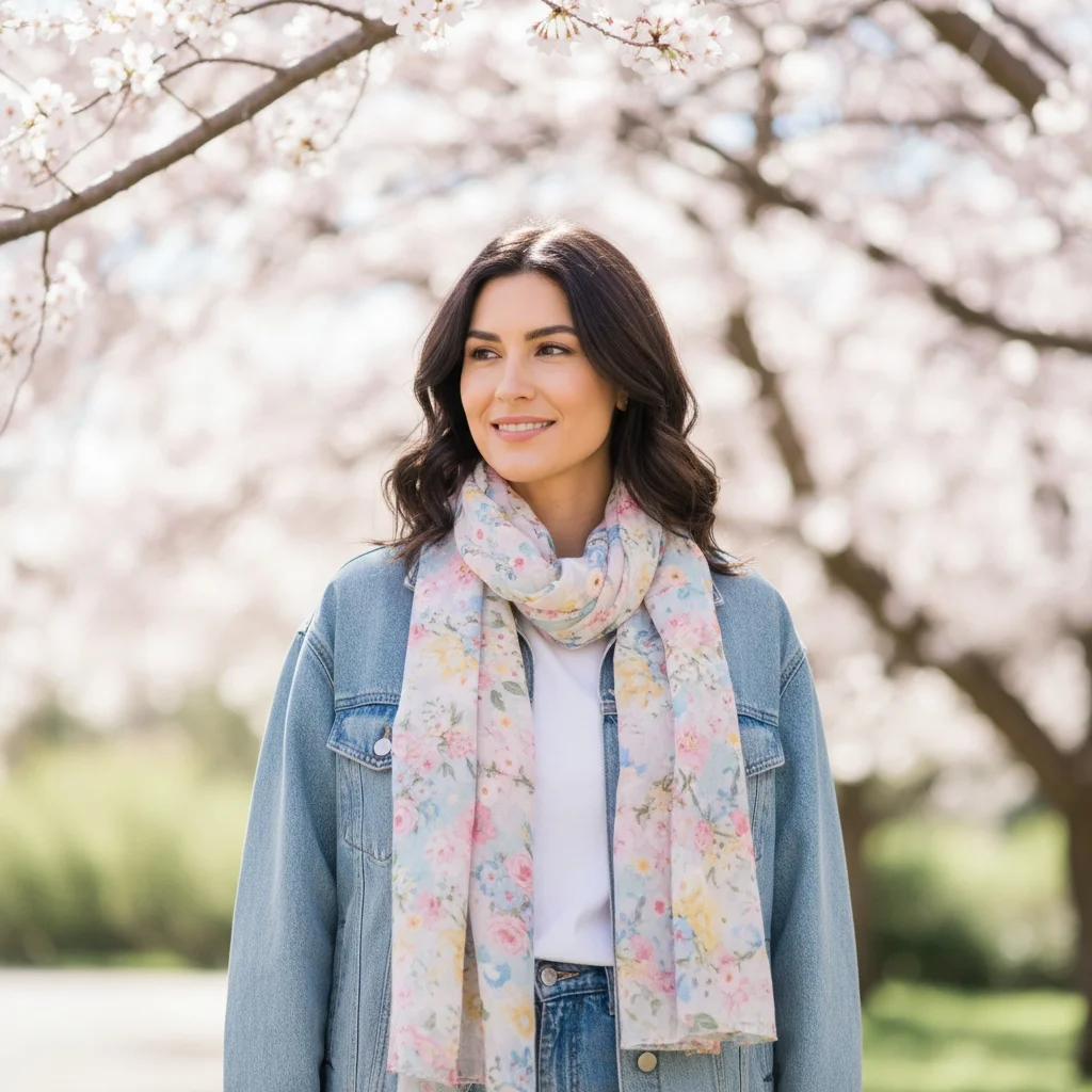 Lightweight floral scarf styled for spring with denim jacket
