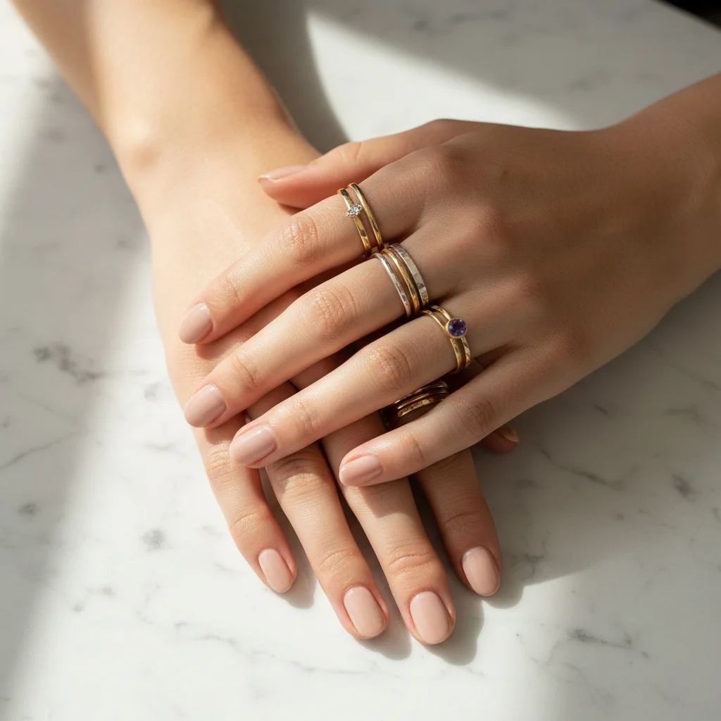Stackable rings trend 2026 — woman's hands with layered gold bands, amethyst gemstone ring and silver textured ring on marble surface