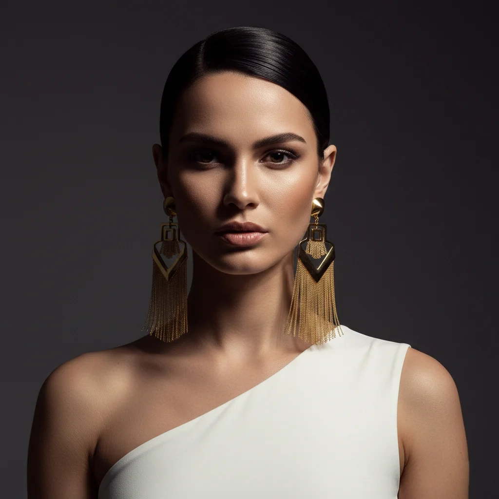 Statement earring trends for women 2026 — bold oversized geometric gold drop earrings with fringe detail, editorial fashion portrait
