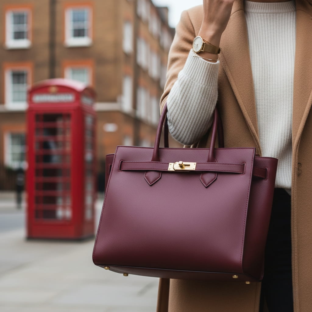 Burgundy structured leather tote bag - trendy women’s fashion accessory London