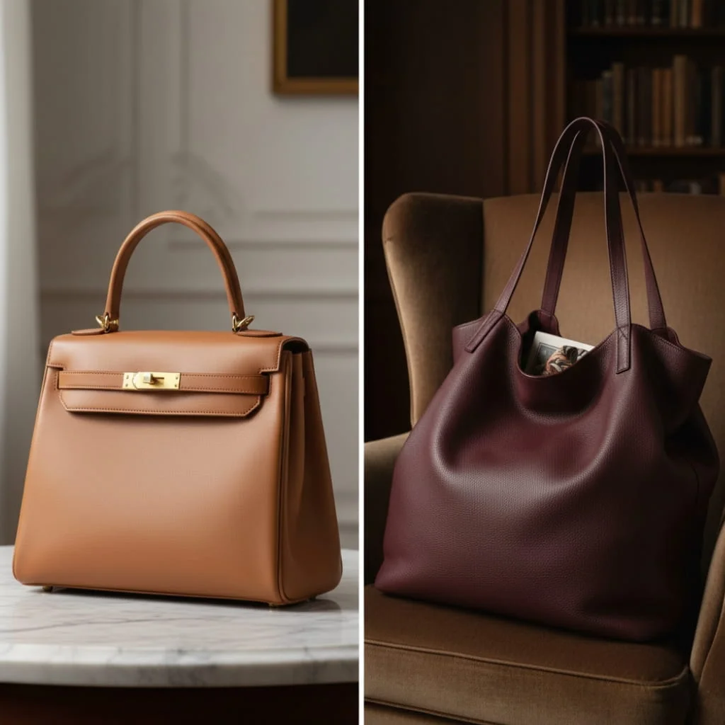 Contrast of Old Money structured top-handle bag with Sciura Style oversized slouchy tote, highlighting distinct 2026 handbag trends.