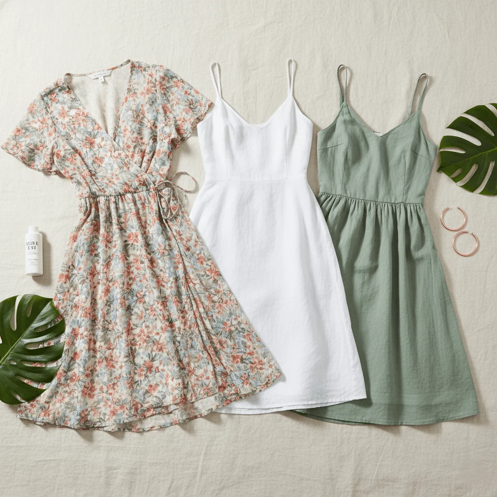 Flat lay of lightweight summer dresses in linen, chiffon and cotton for Australian summer weather