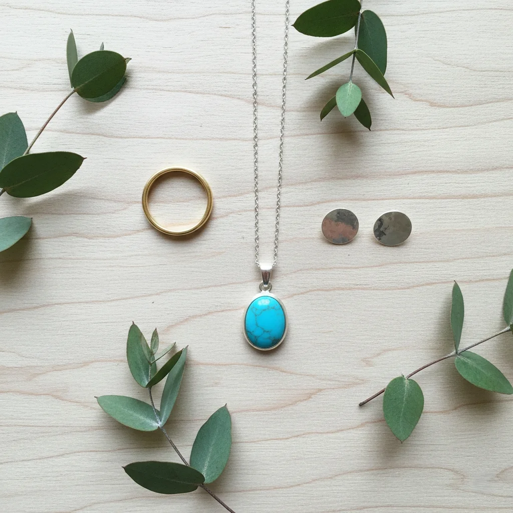 Sustainable jewelry USA 2026 — ethically made recycled gold ring, turquoise pendant and hammered silver earrings on natural wood with green leaves