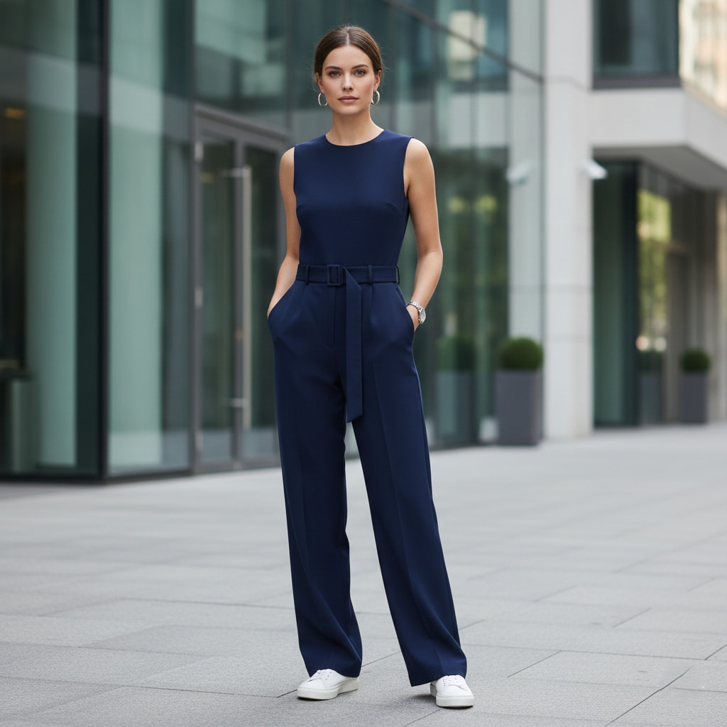 Tailored navy jumpsuit with belt and sneakers - easy trendy outfit for women