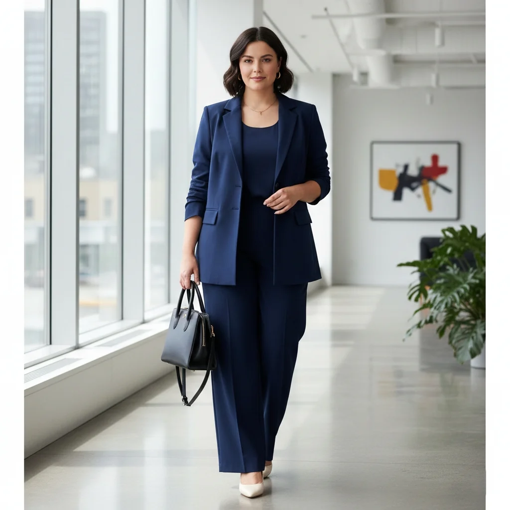 Plus-size woman in a navy tailored blazer and high-waisted wide-leg trouser co-ord set, a formal matching set for curvy women in professional workwear