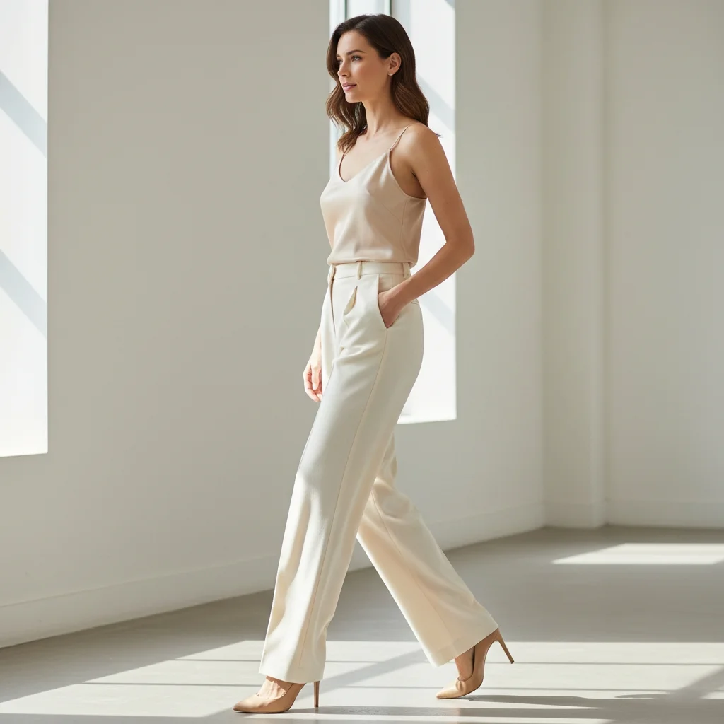 Wide-leg tailored trousers with silk camisole quiet luxury Valentine's Day outfit inspiration 2026