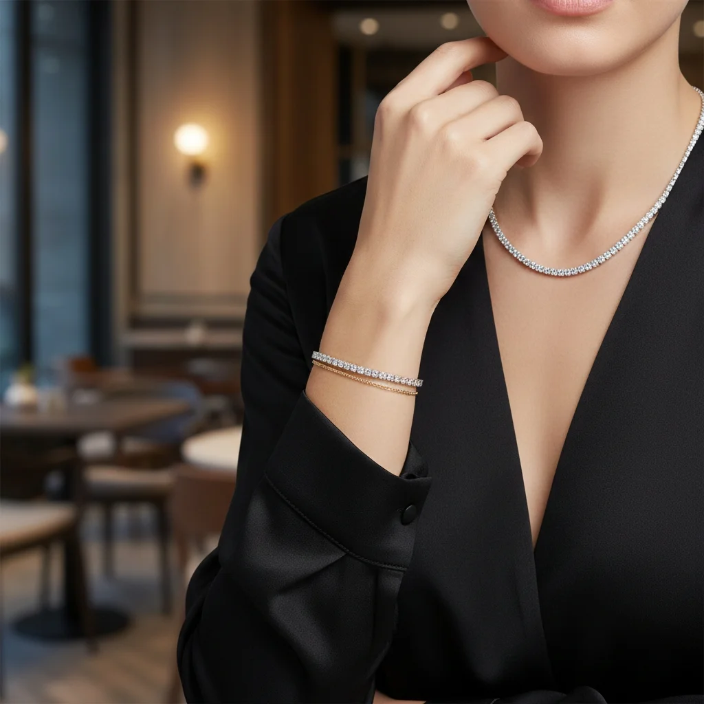 Tennis necklace trend 2026 — woman wearing diamond tennis necklace and matching tennis bracelet with a black blouse, everyday luxury jewellery