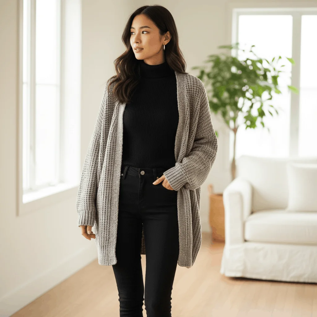 Black turtleneck layered under chunky cardigan for cozy winter style